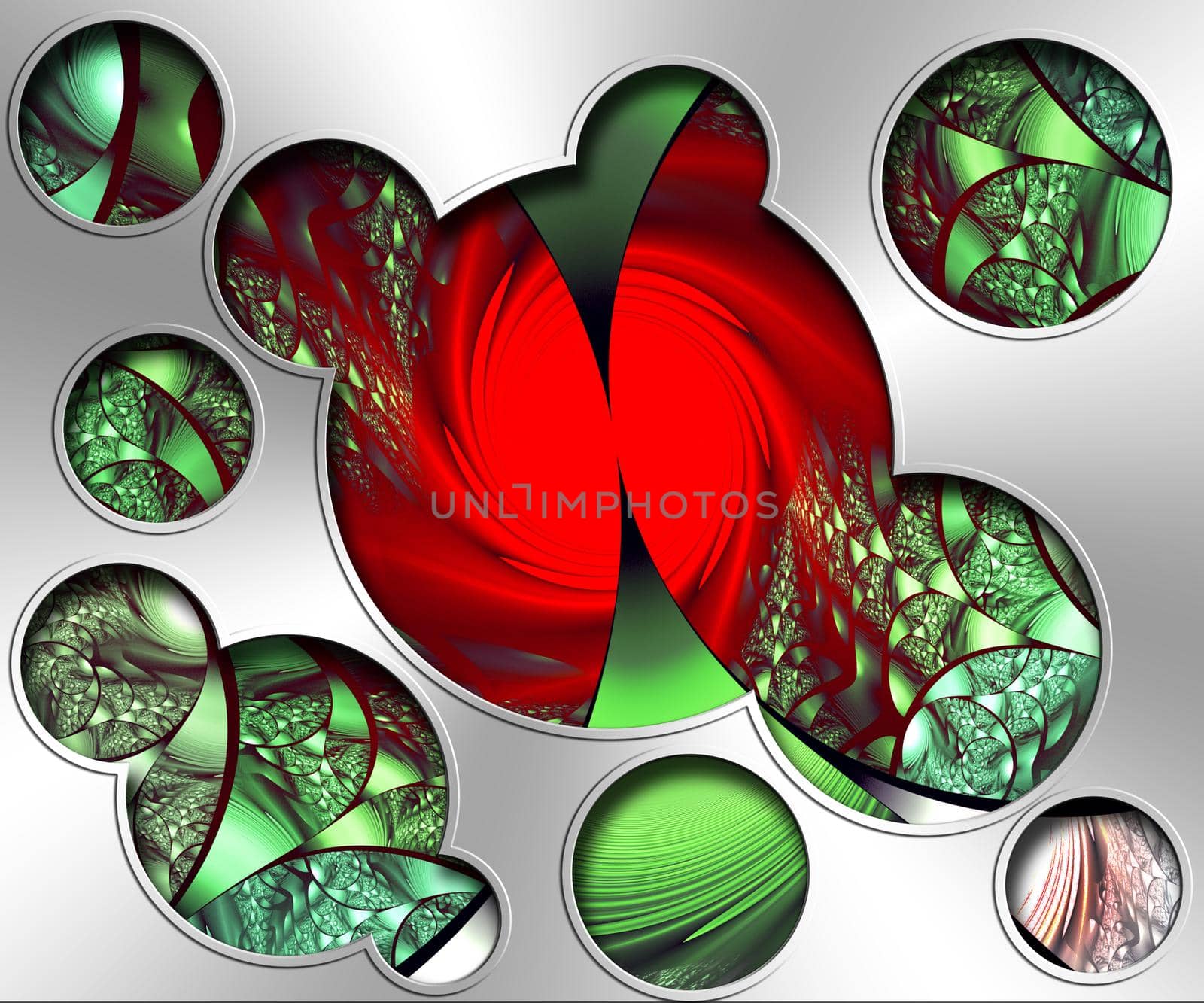 3D illustration of creative fractal artwork combined with silver metal plate embellishment