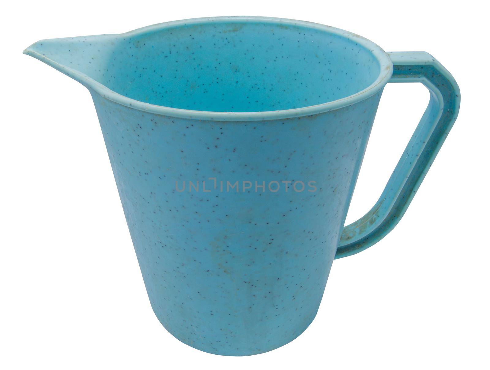 Old dirty blue plastic watering-pot isolated on white background