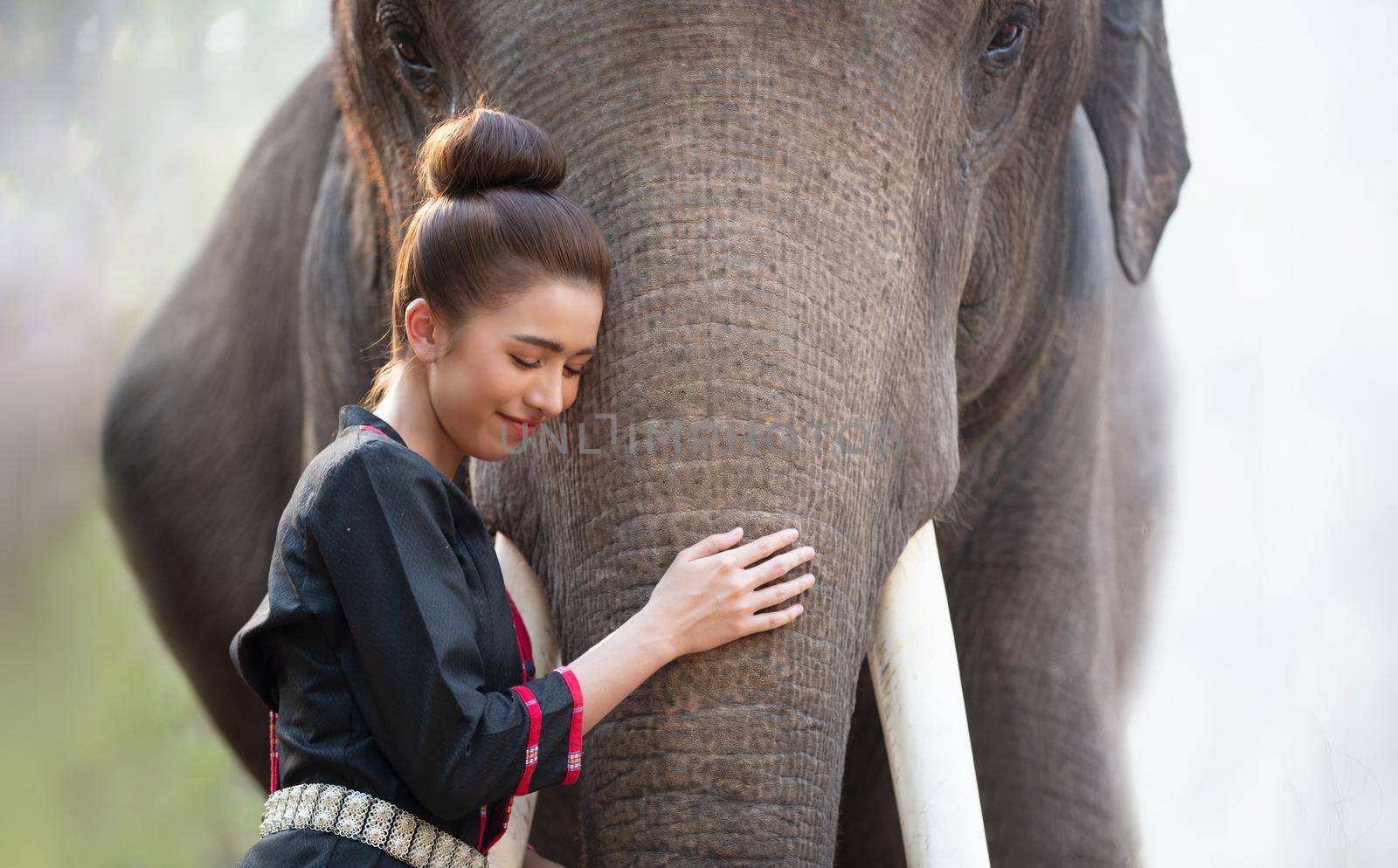 Portrait Of Young Woman Standing By Elephant In Forest