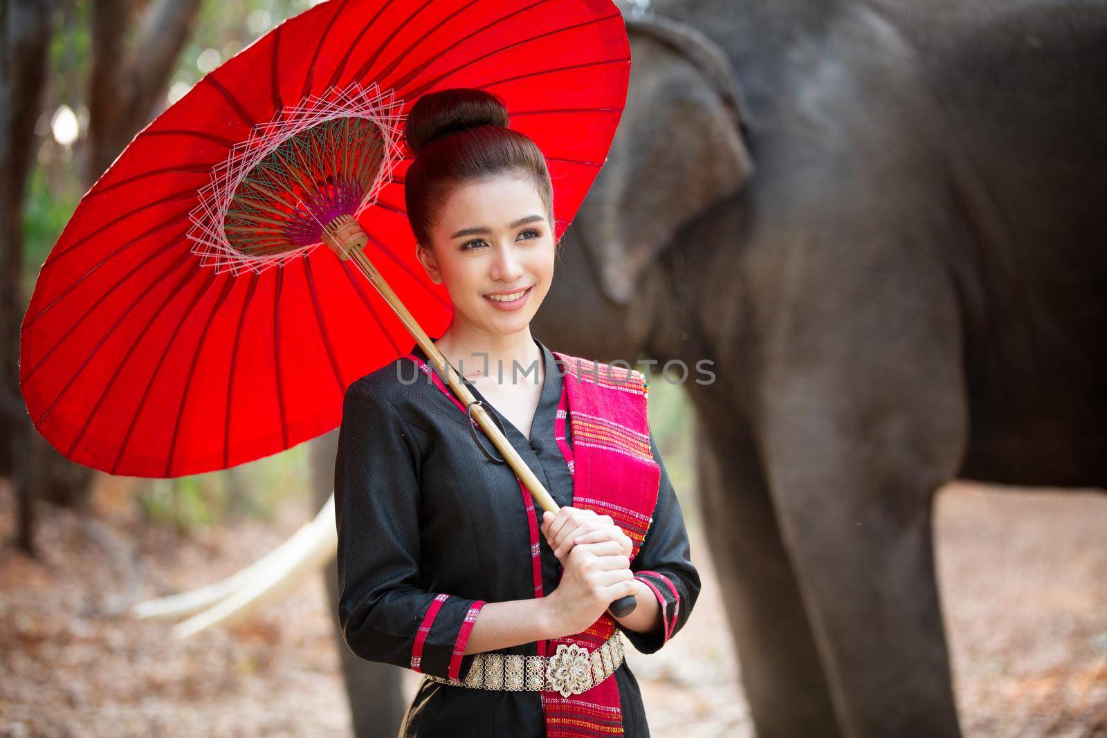 Portrait Of Young Woman Standing By Elephant In Forest