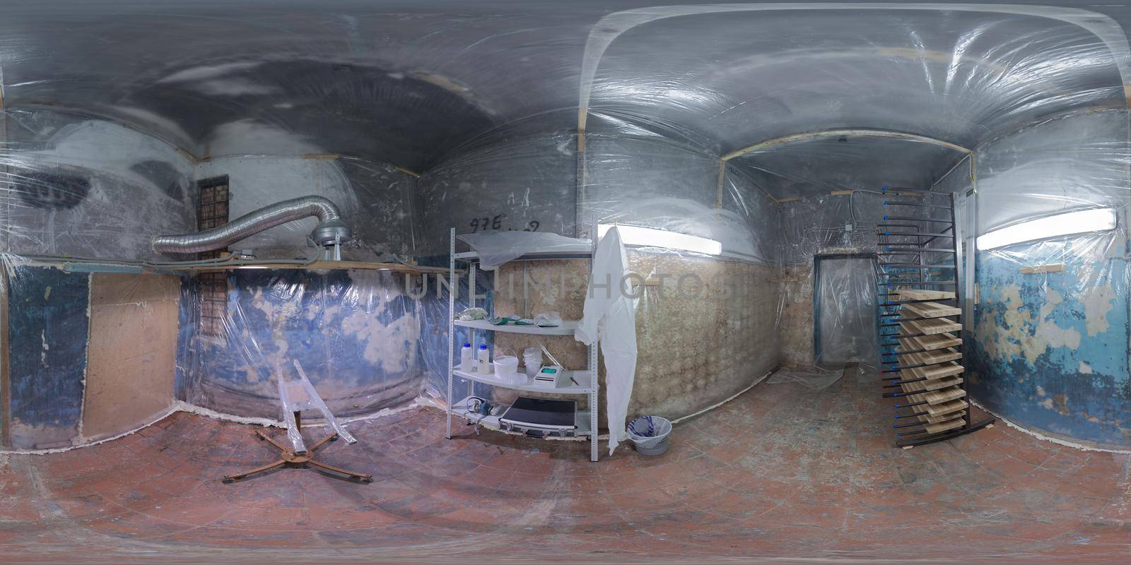 Underground paint shop clean room full 360 by 180 degree spherical panorama in equirectangular projection.