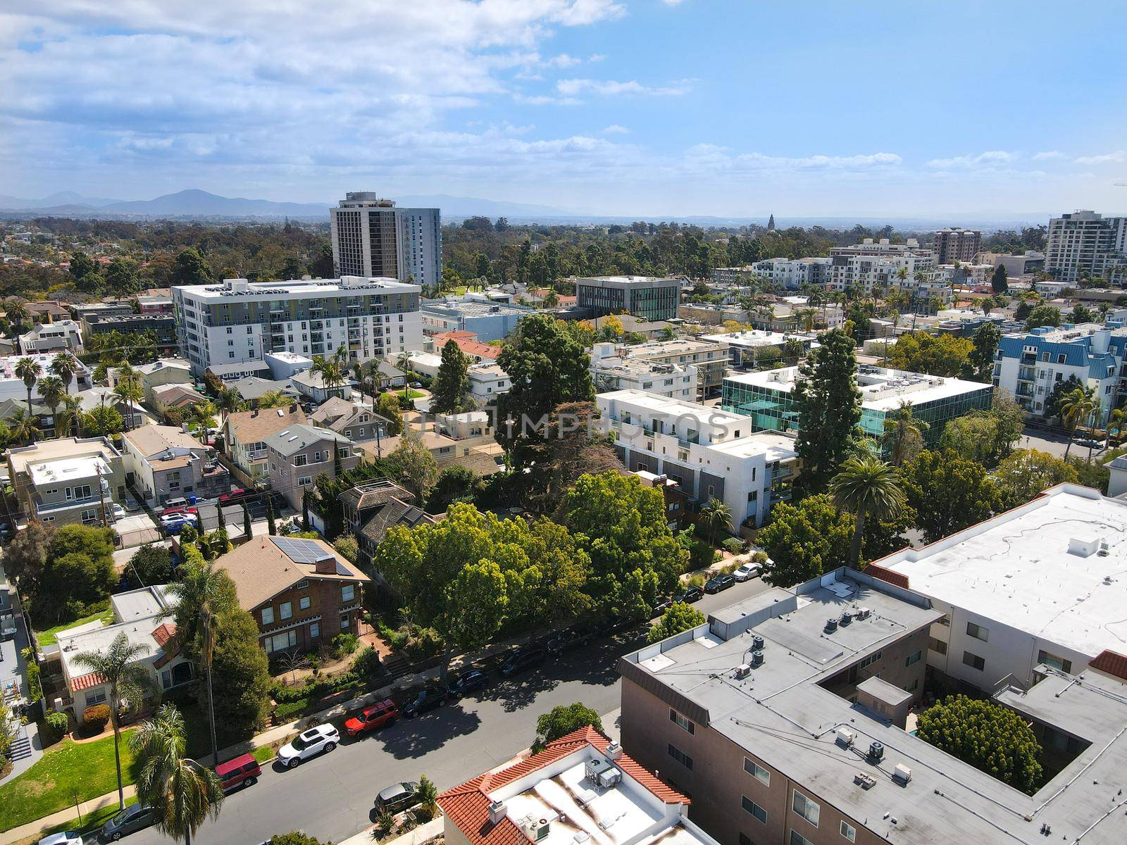 Aerial view above Hillcrest neighborhood in San Diego, California. USA