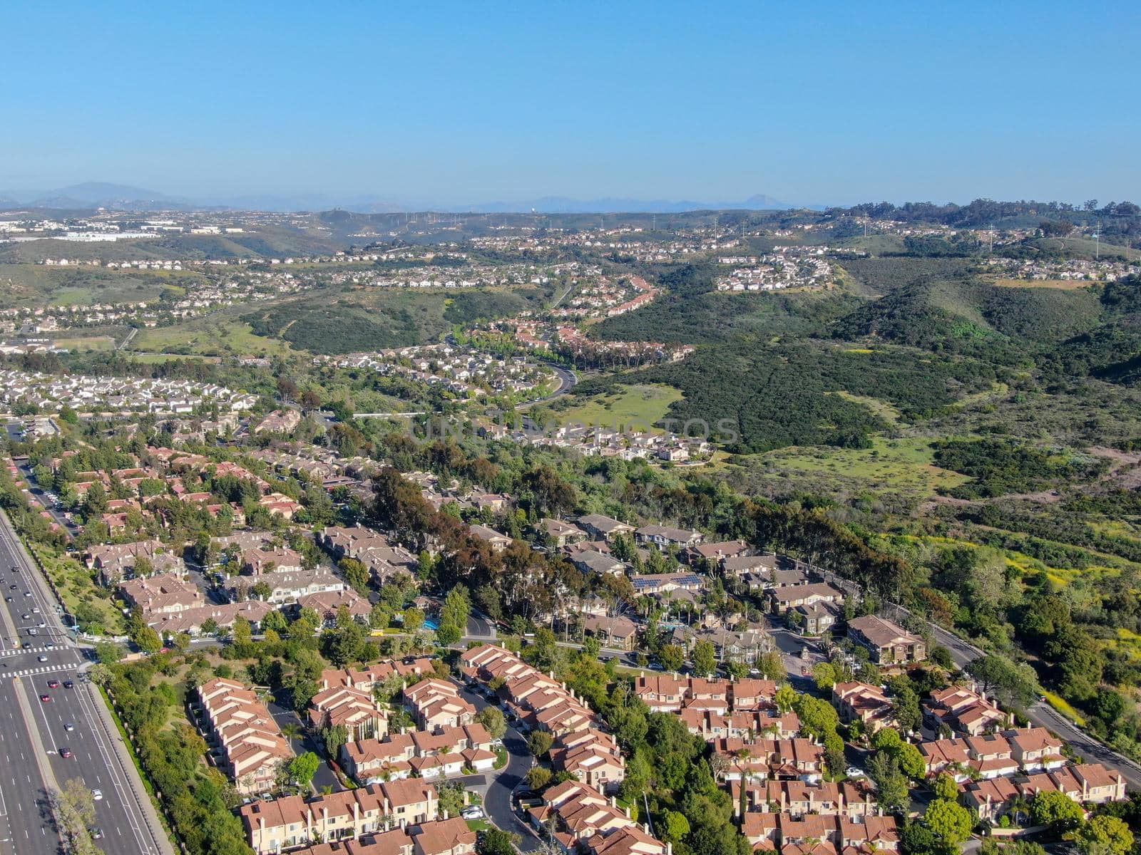 Aerial view of upper middle class neighborhood with big villas around in San Diego, California, USA.