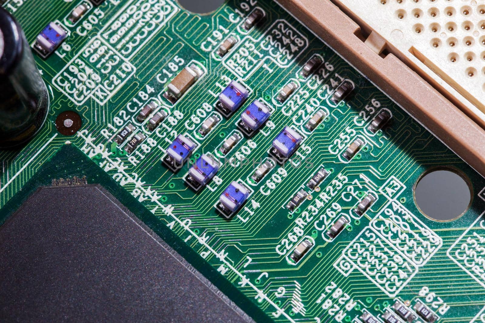 old green digital electronic pc board close-up.
