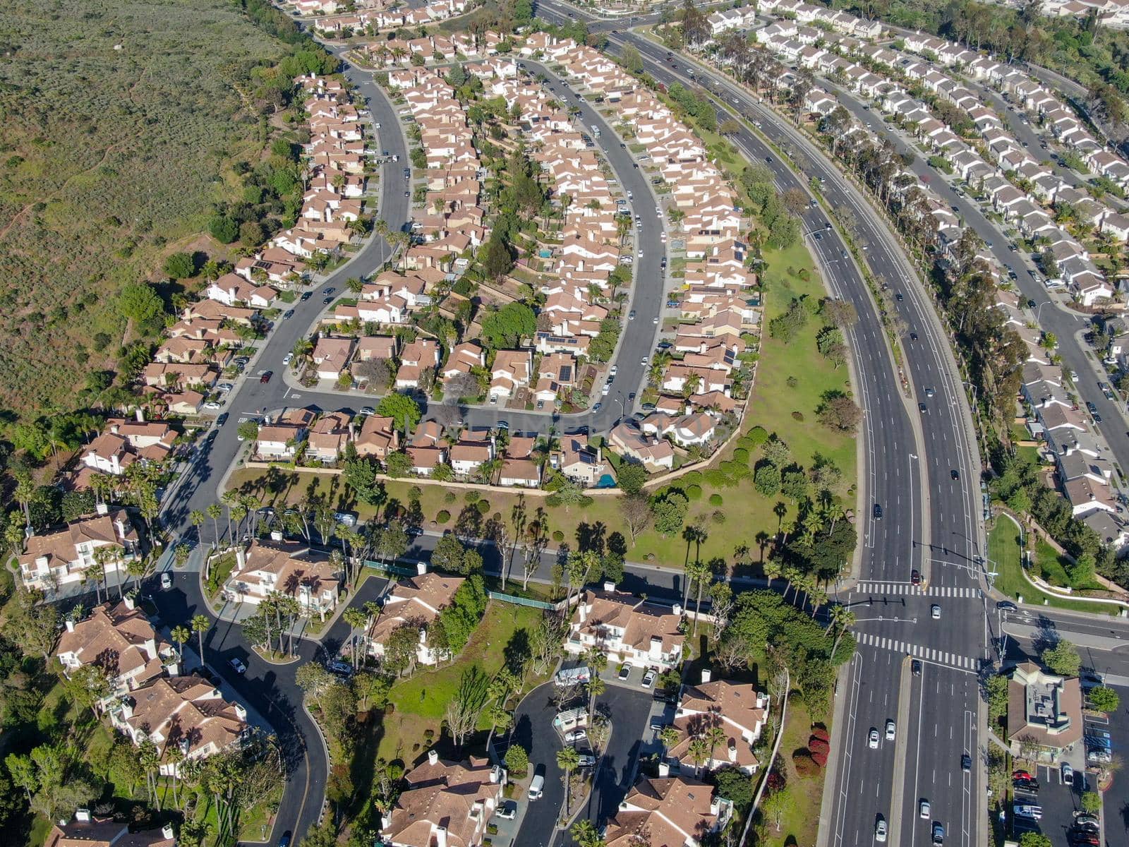 Aerial view of upper middle class neighborhood with big villas around in San Diego, California, USA.