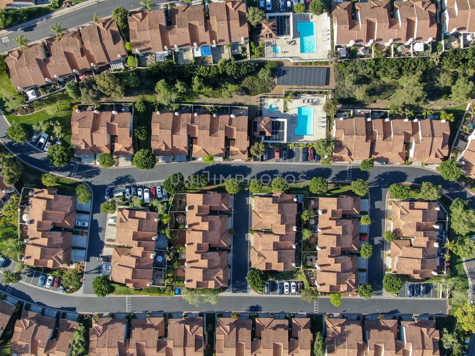 Aerial view of upper middle class neighborhood with big villas around in San Diego, California, USA.