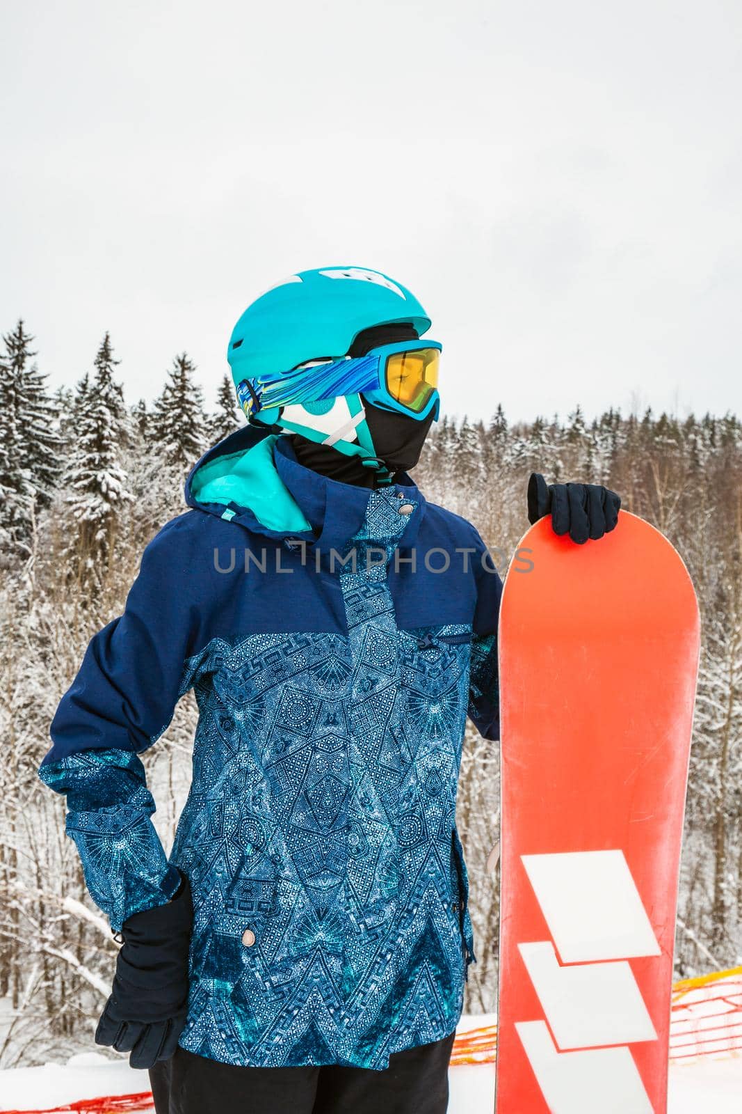 Female in a blue suit standing with a snowboard on a large snow slope. Snowboarder looks at a beautiful view of the snowy forest. Skiing holidays. Logoisk, Belarus