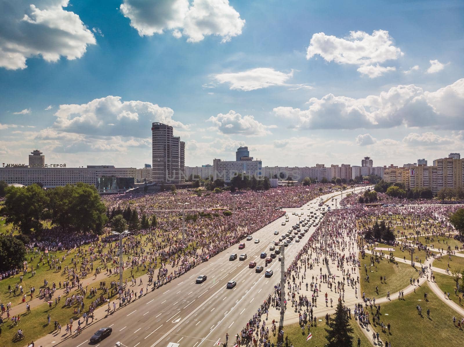 Aerial view of the biggest protests in Belarus history. Elections in Minsk, Belarus 2020.