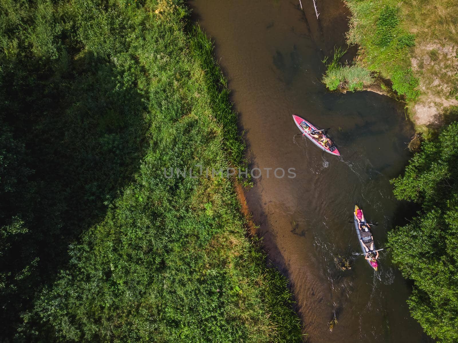 Aerial view of river Isloch famous place for kayaking in Belarus.