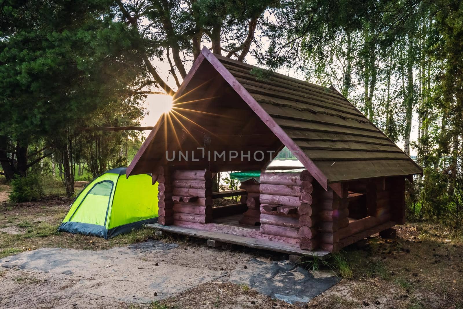 Tent next to the wooden cabin at the Braslaw lakes, Belarus.