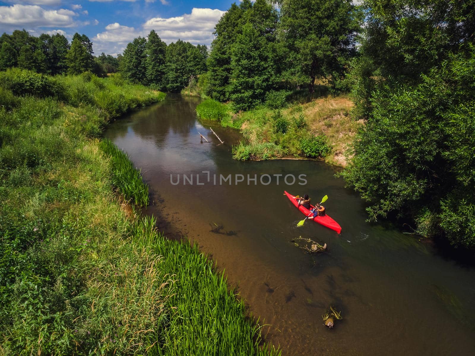Aerial view of river Isloch famous place for kayaking in Belarus.