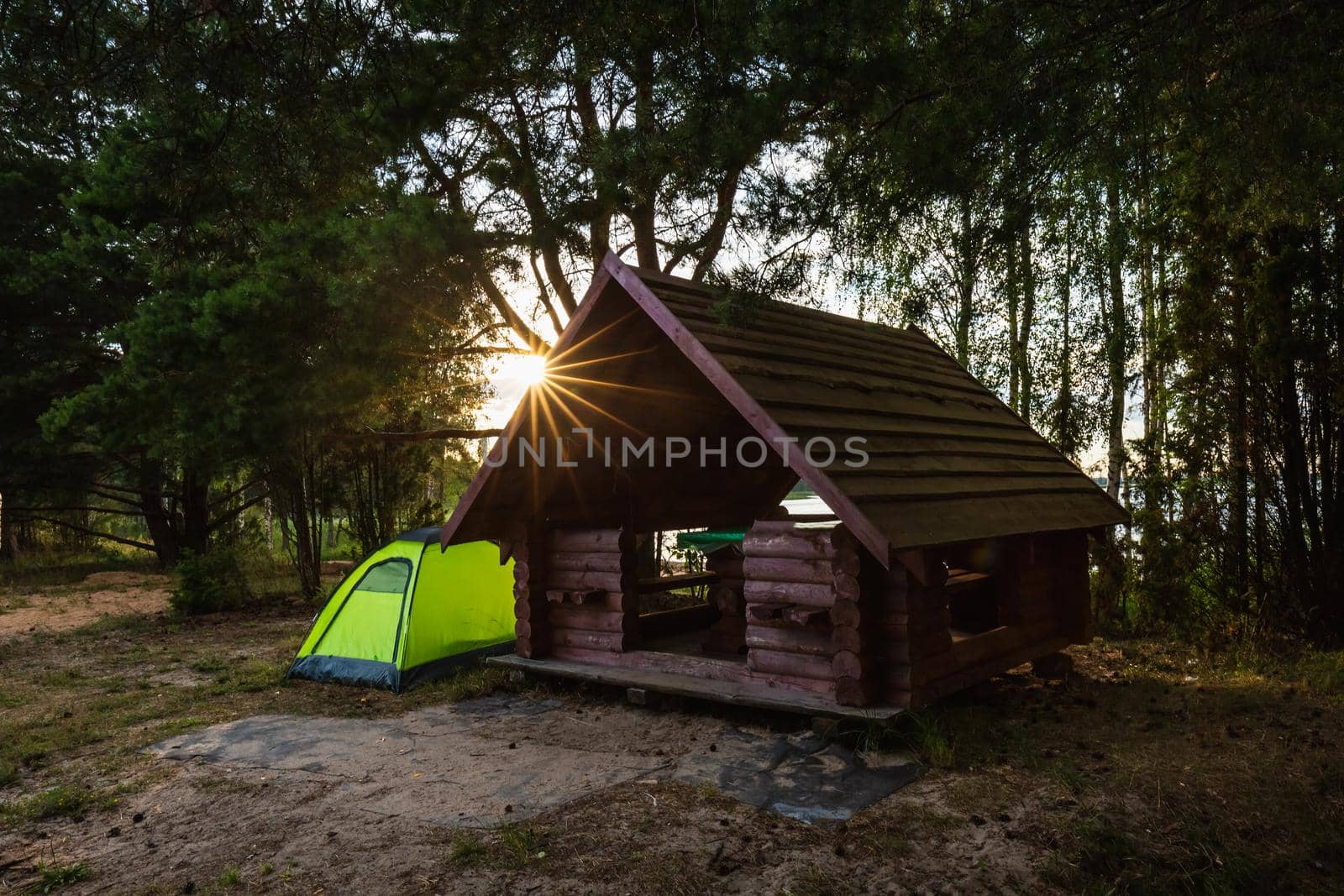 Tent next to the wooden cabin at the Braslaw lakes, Belarus.