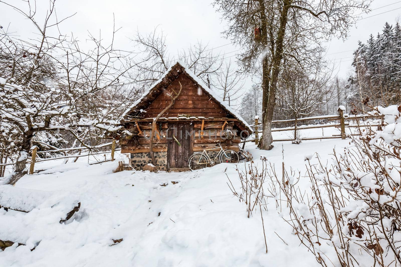Decorated wooden house with textured wall and bycicle covered with a heavy snow in the village in Belarus.