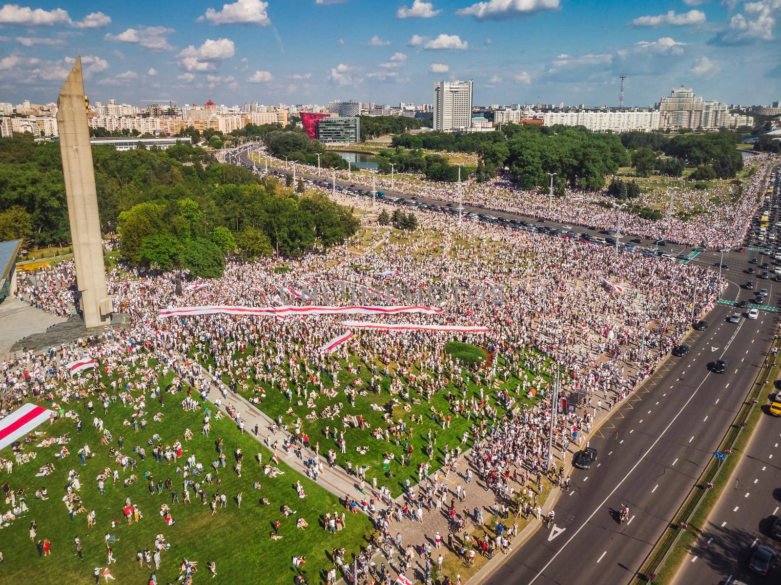 Aerial view of the biggest protests in Belarus history. Elections in Minsk, Belarus 2020.