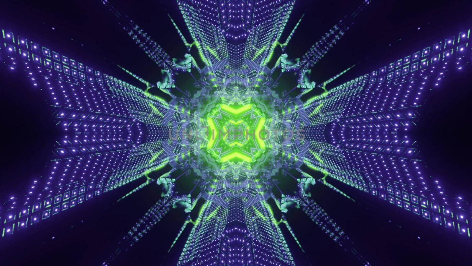 Colorful 3d illustration abstract futuristic background inside of fantastic energy tunnel with shiny green neon hole and blinking purple dots forming symmetric geometric pattern