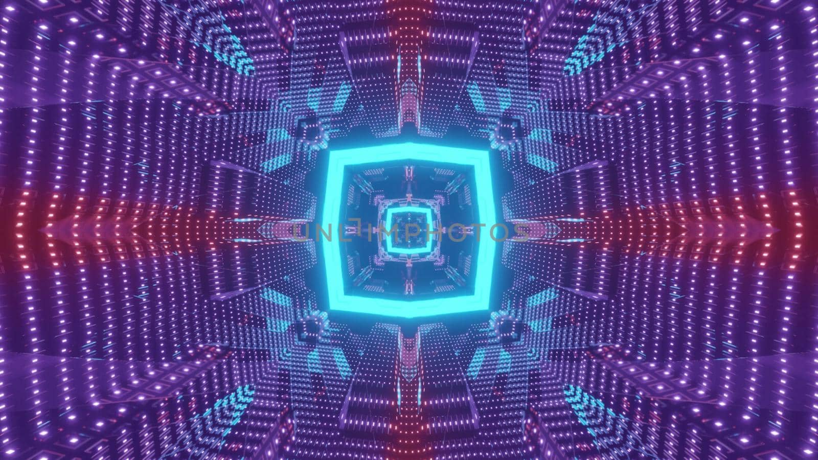 Abstract futuristic background 3d illustration of sci fi spaceship corridor with geometric design in blue and purple neon illumination
