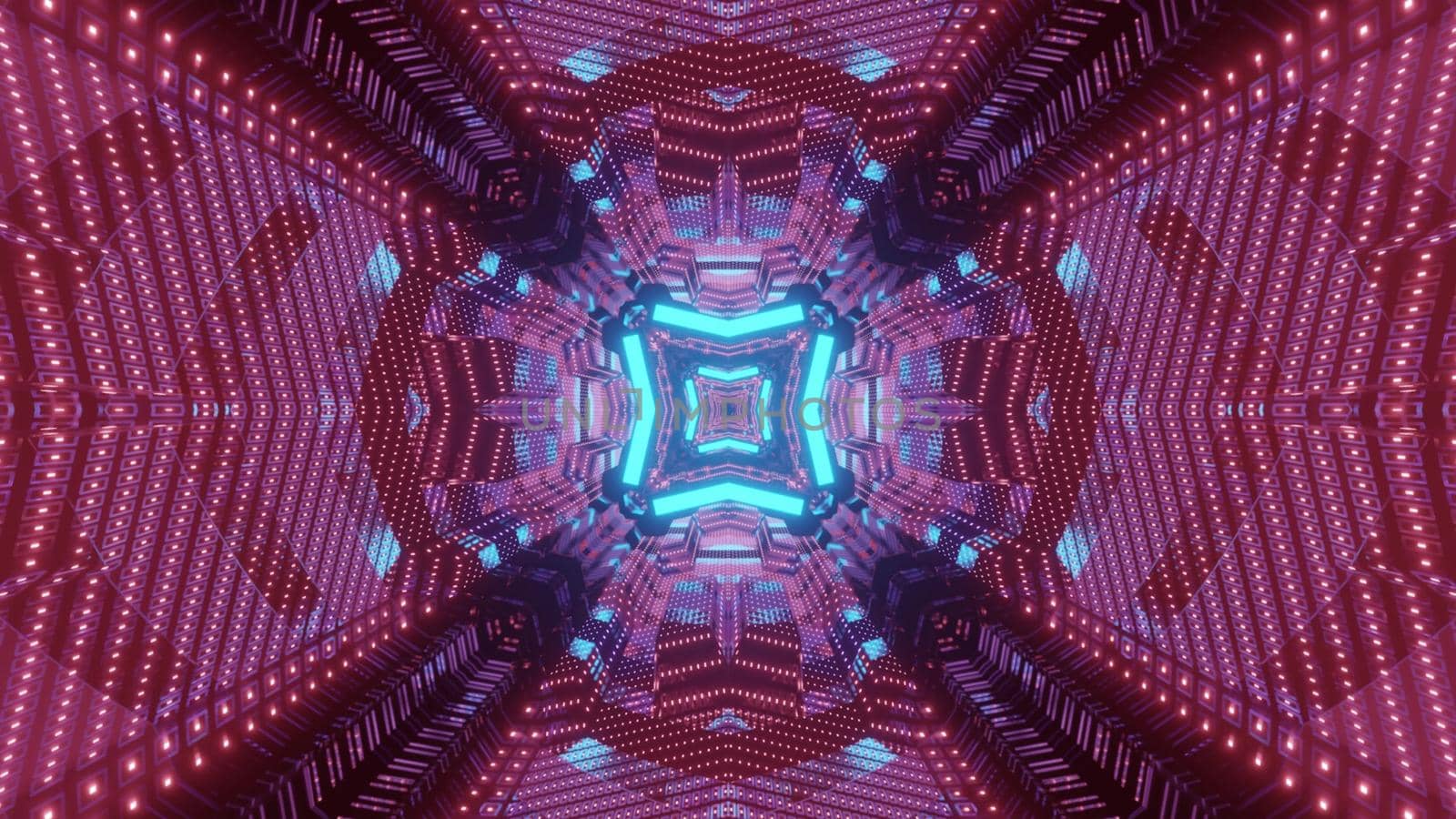 Vibrant 3d illustration abstract futuristic background of endless tunnel with geometric shapes and shiny blue and red neon lights