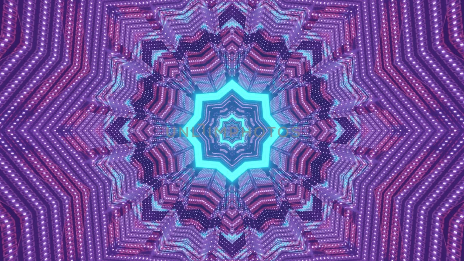 Abstract futuristic background 3d illustration with shiny blue neon geometric star and colorful light particles forming symmetric ornament