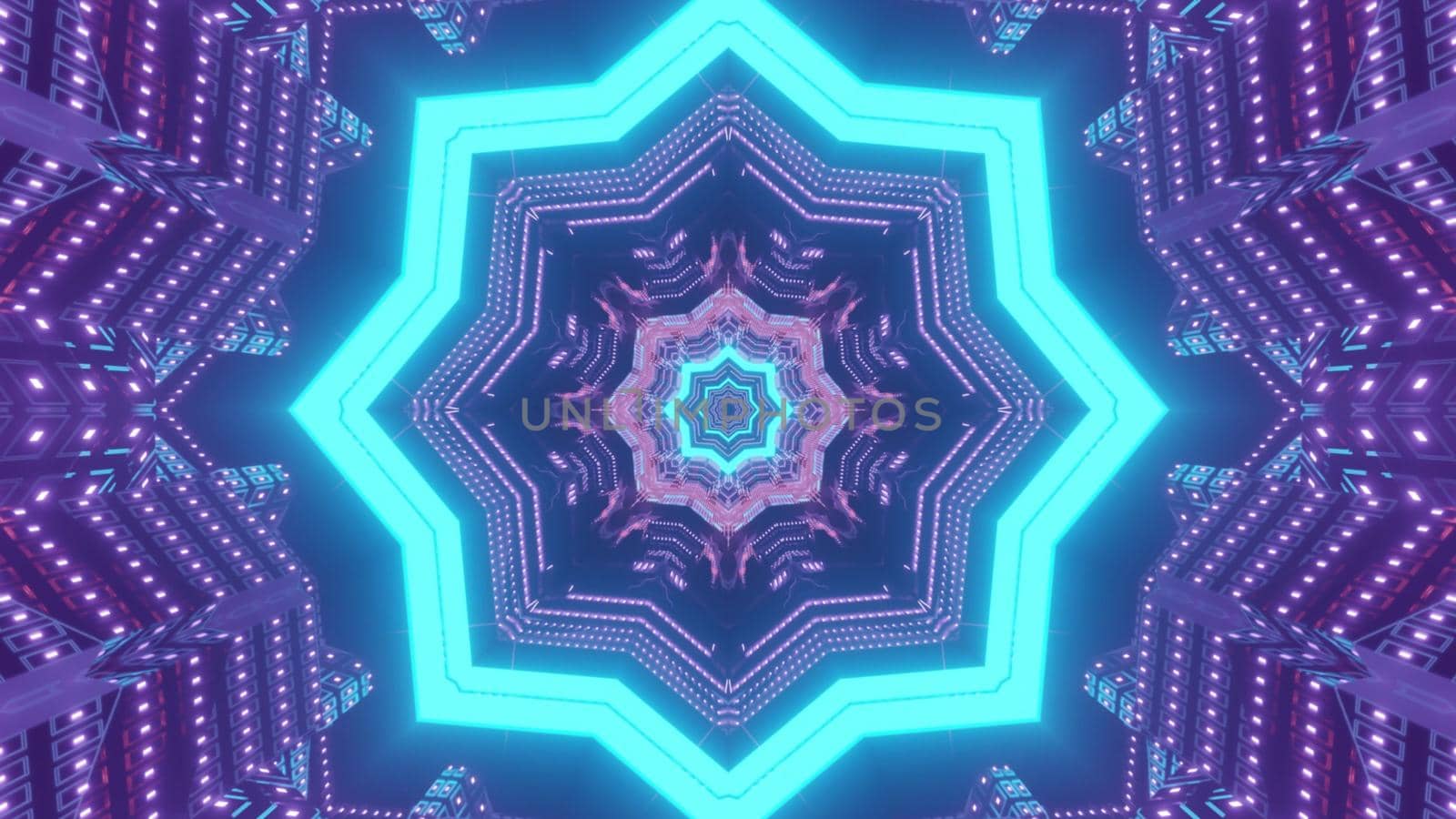 Vibrant 3d illustration abstract art visual background with geometric star and flower shaped pattern forming illusion of fantastic futuristic tunnel in neon colors
