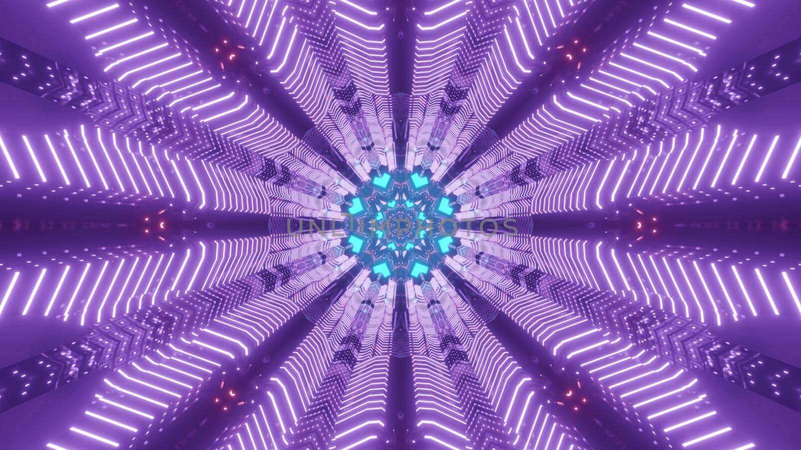 Bright colorful 3d illustration abstract art visual background with symmetrical neon lines forming circular frame of fantastic sci fi tunnel