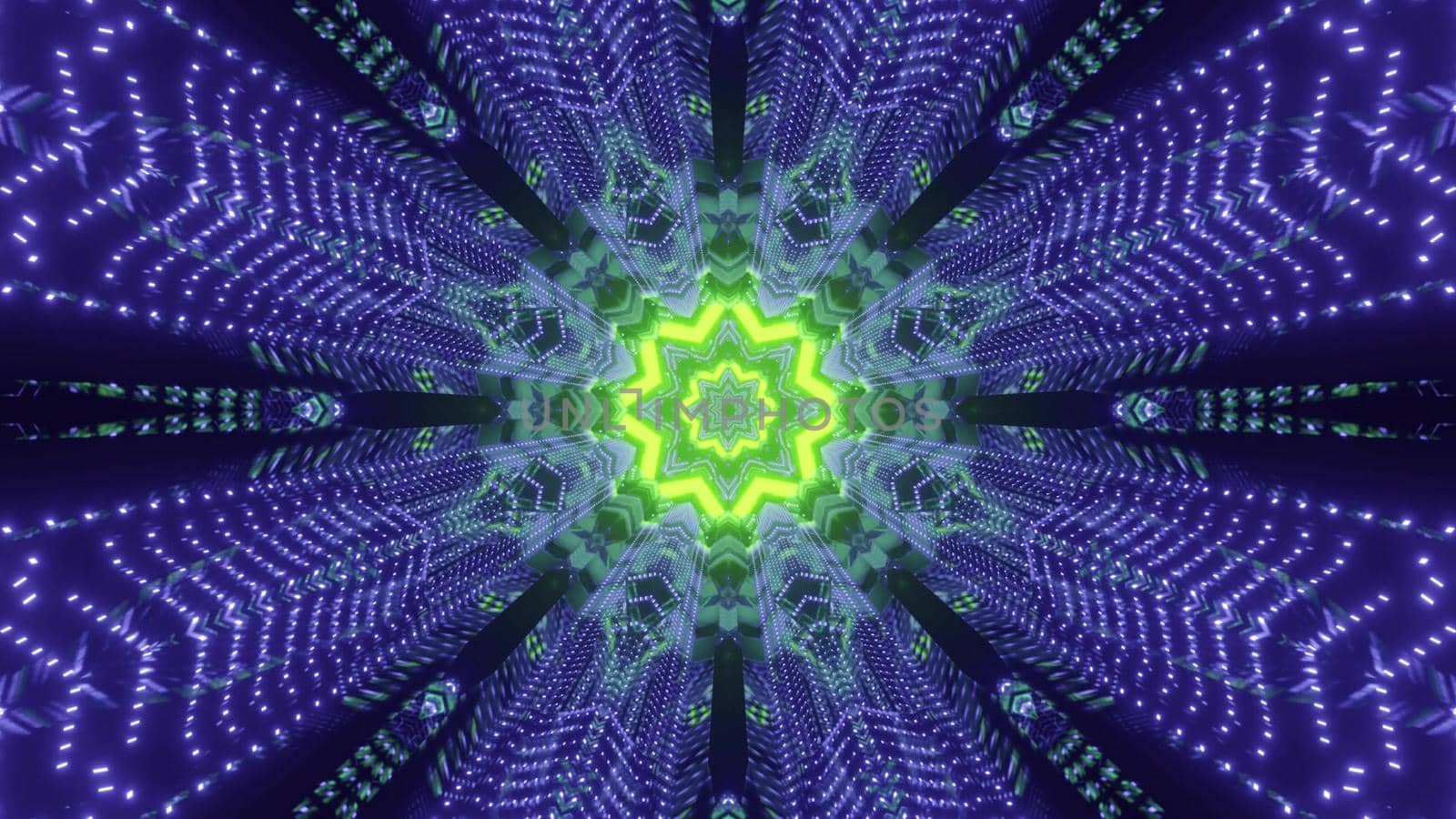 Abstract futuristic background 3d illustration of sci fi space tunnel with bright green neon star shaped center and blinking blue particles forming geometric lines