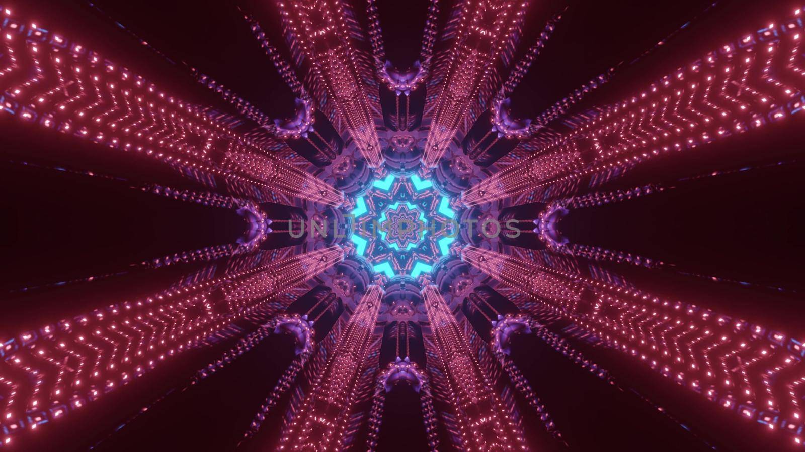 Symmetric red colored neon lights forming circular pattern with glowing blue center as abstract futuristic design of sci fi space tunnel in 3d illustration