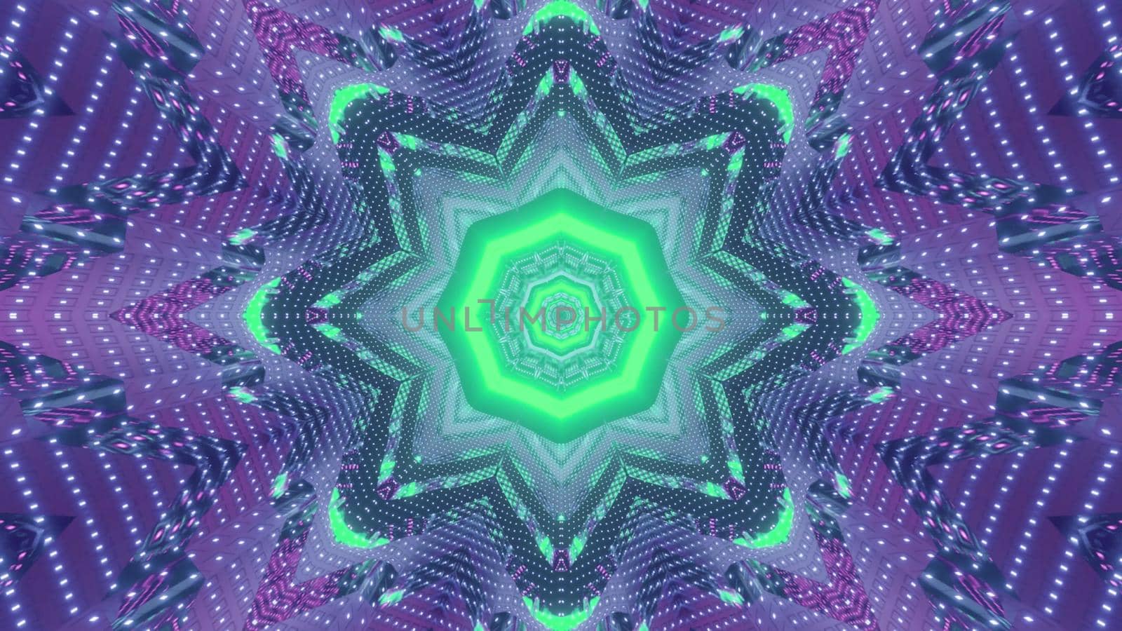 Abstract futuristic fractal geometrical background 3d illustration with octagonal center and flower shaped lines surrounded by symmetric gleaming sparkles in bright green and purple neon colors