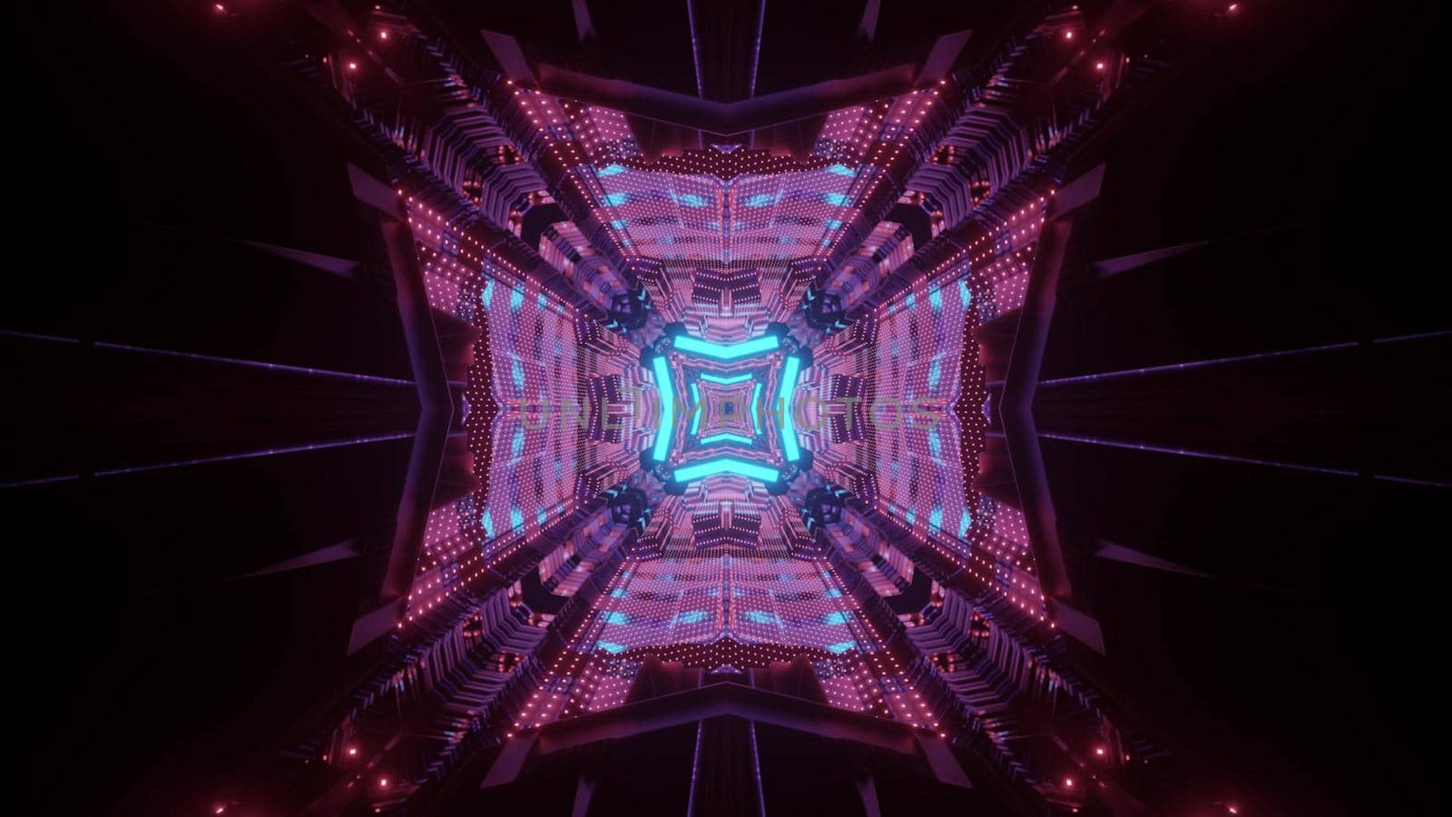 Futuristic architecture concept abstract visual background 3d illustration of dark underground passage perspective with glowing neon geometric lines and light reflections