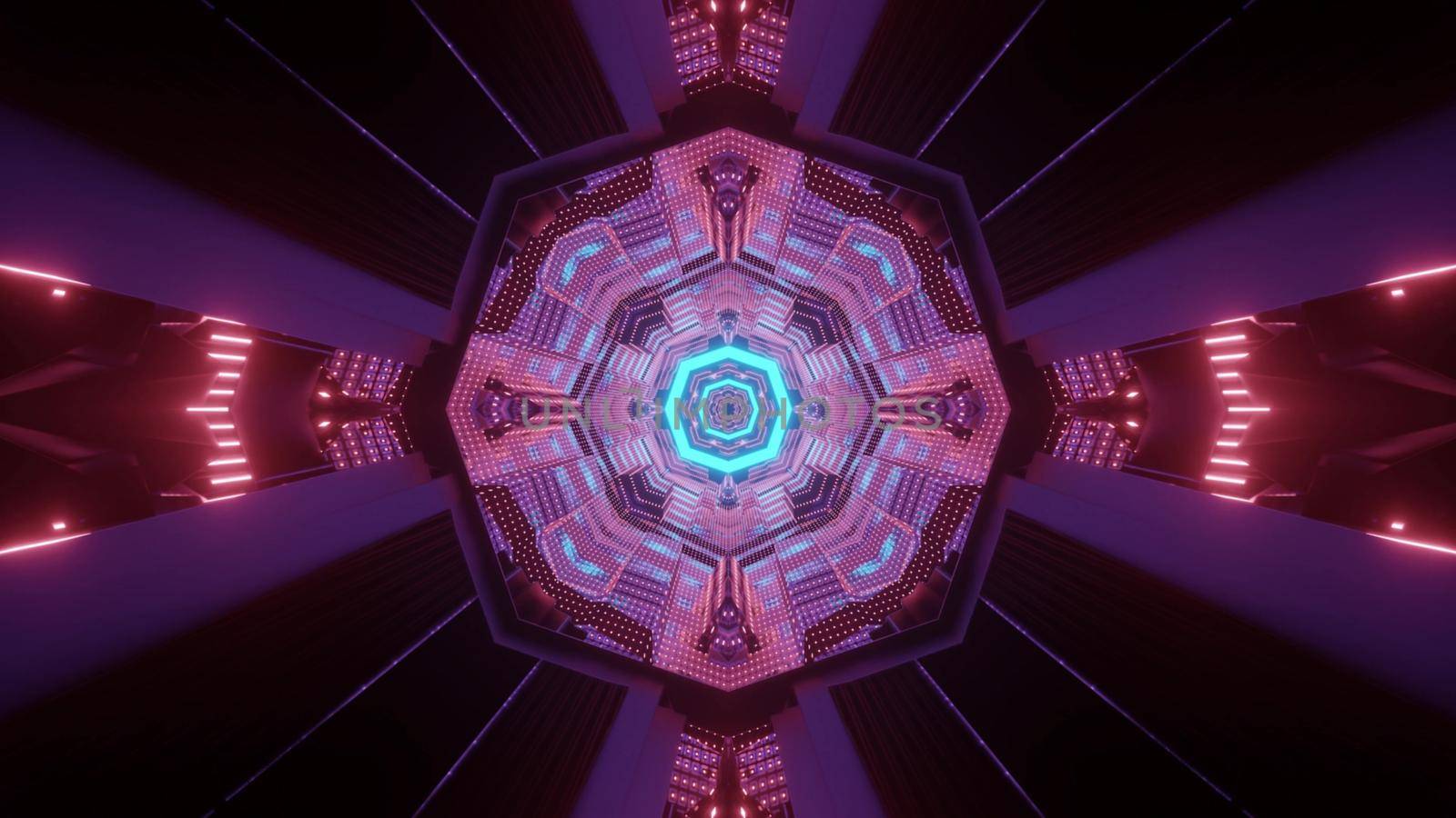 Abstract futuristic background sci fi architecture and technology concept 3d illustration of dark spaceship corridor with geometric design and glowing colorful neon illumination