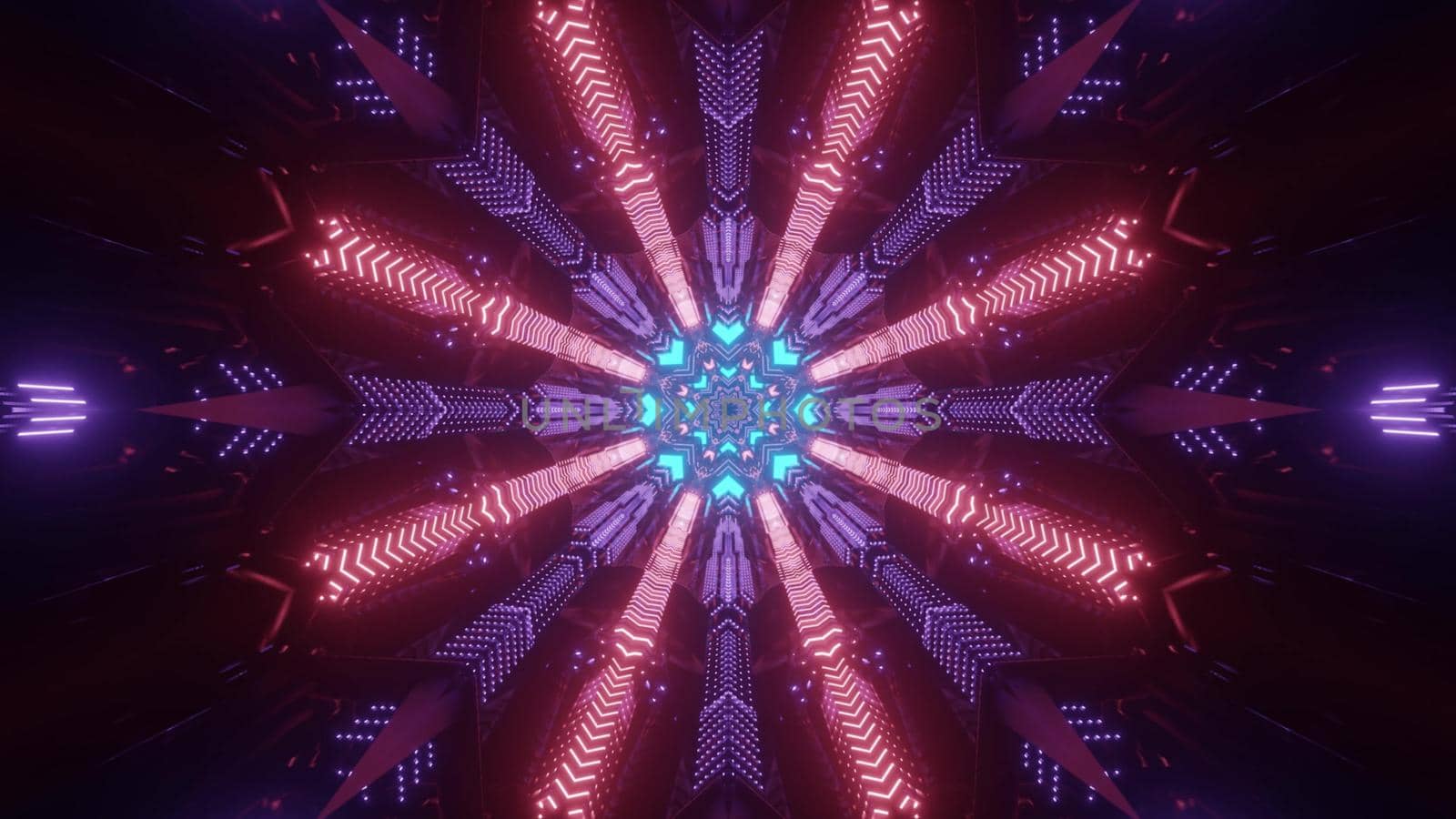 Abstract futuristic background 3d illustration of dark sci fi tunnel with round shaped hole and multicolored neon lights forming geometric circular ornament