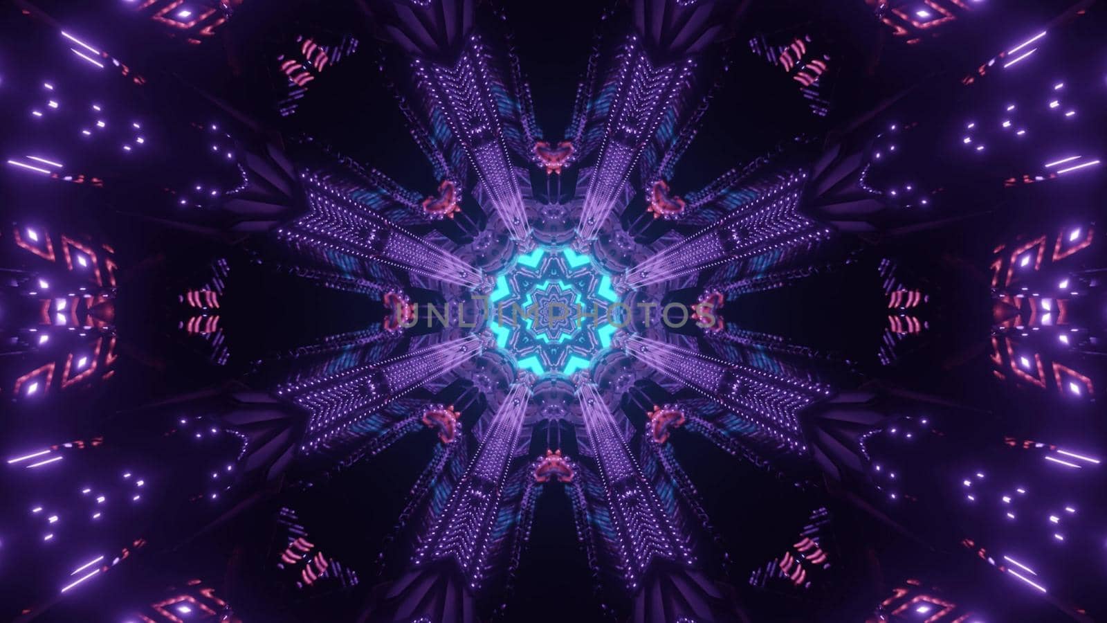 Bright 3d illustration abstract visual background with symmetric geometric circular ornament in darkness with neon light traces creating optical illusion of futuristic sci fi space tunnel