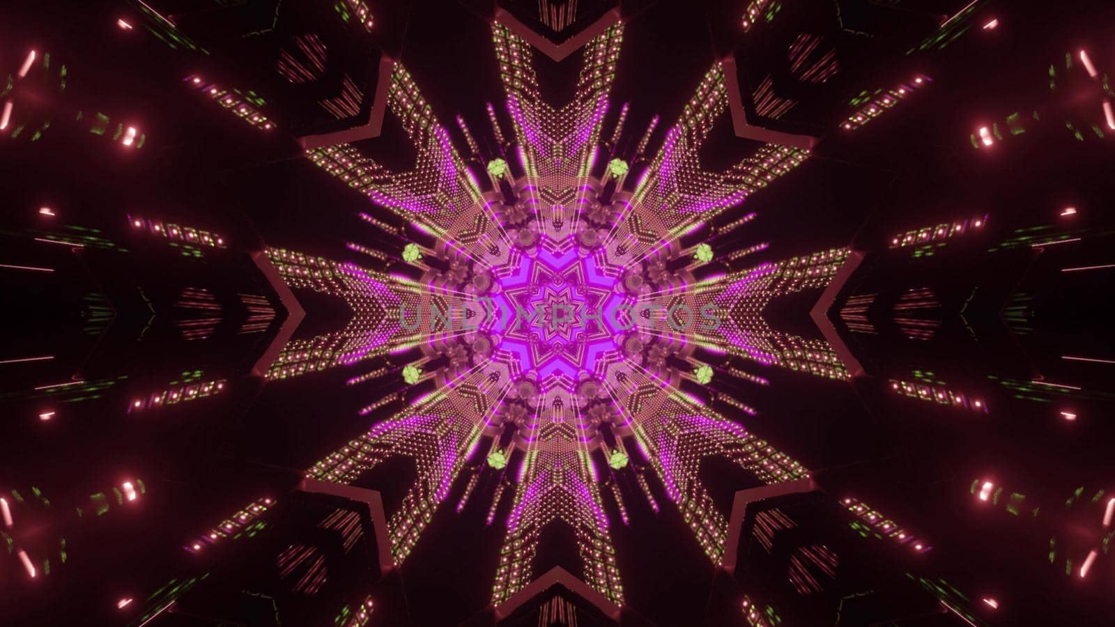 Colorful 3d illustration abstract art visual background of flower shaped symmetric neon illumination with bright sparkles in darkness