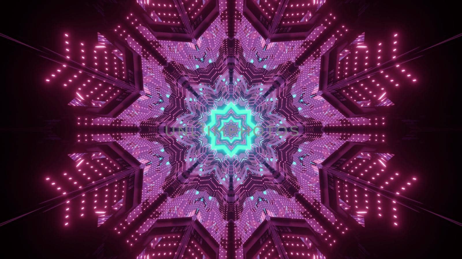 Vivid 3d illustration abstract futuristic background with bright blue and red neon lines and dots forming snowflake shaped pattern in darkness