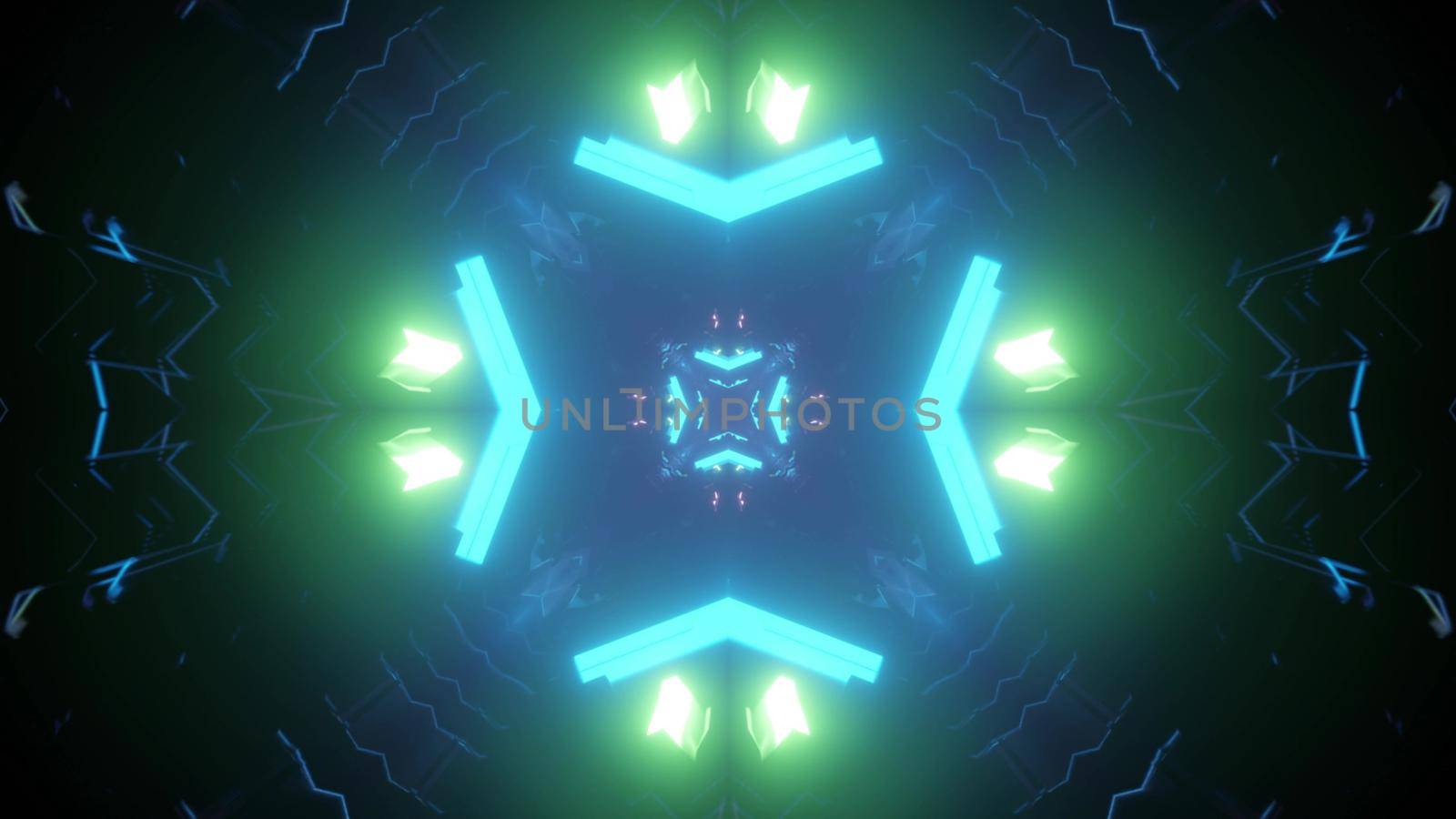 Kaleidoscopic 3d illustration of green and blue neon glowing pattern in dark sci fi tunnel