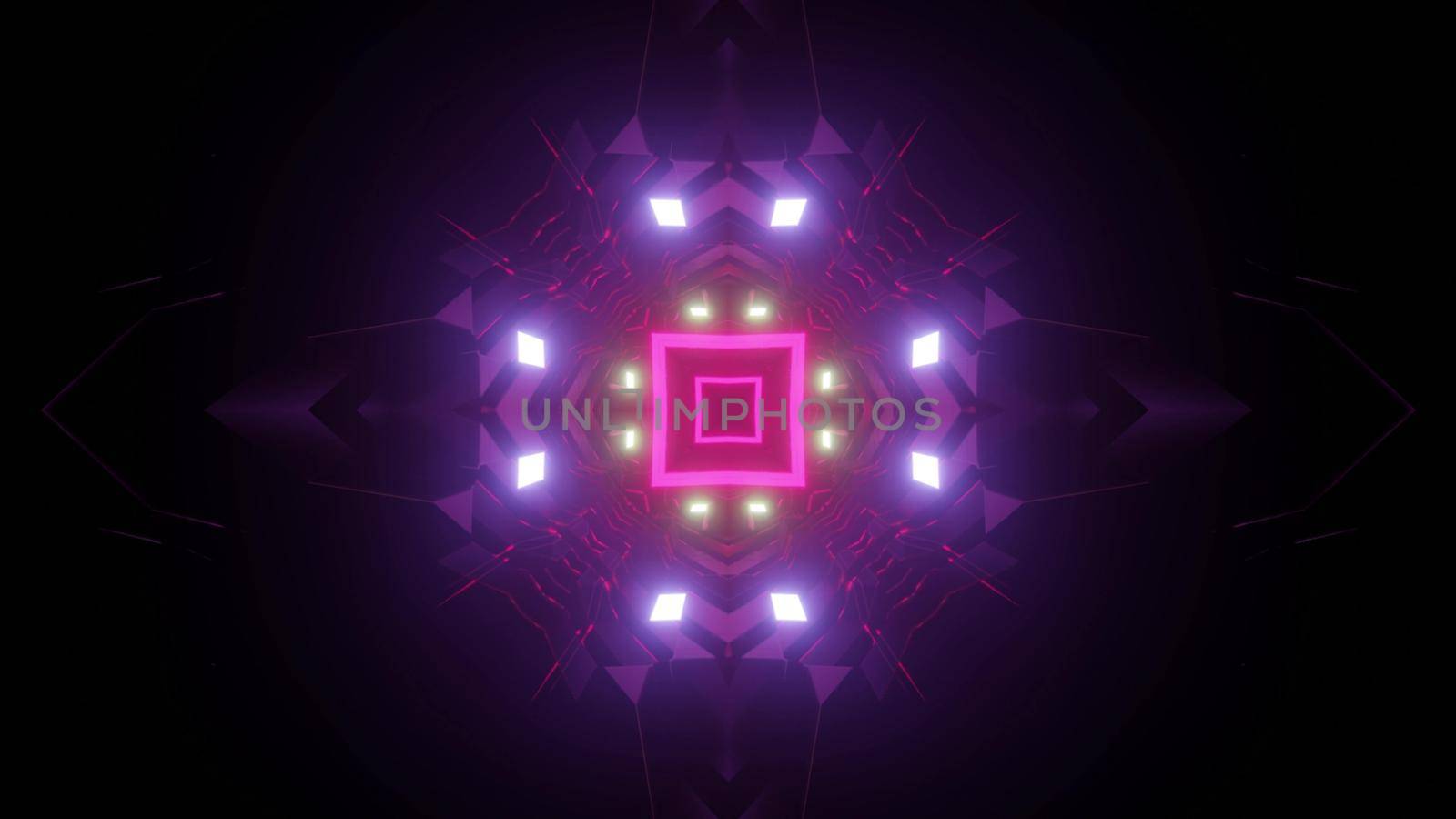Vivid 3d illustration with neon pink square and symmetric purple lights around in darkness