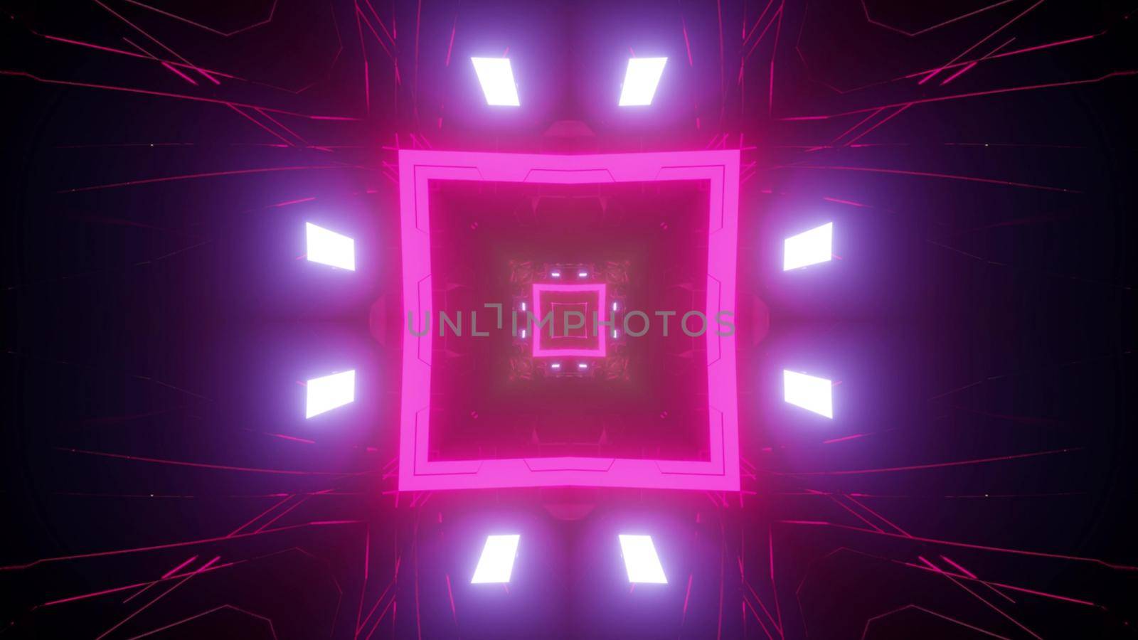 Colorful 3d illustration of pink neon square with symmetric lights as abstract futuristic tunnel