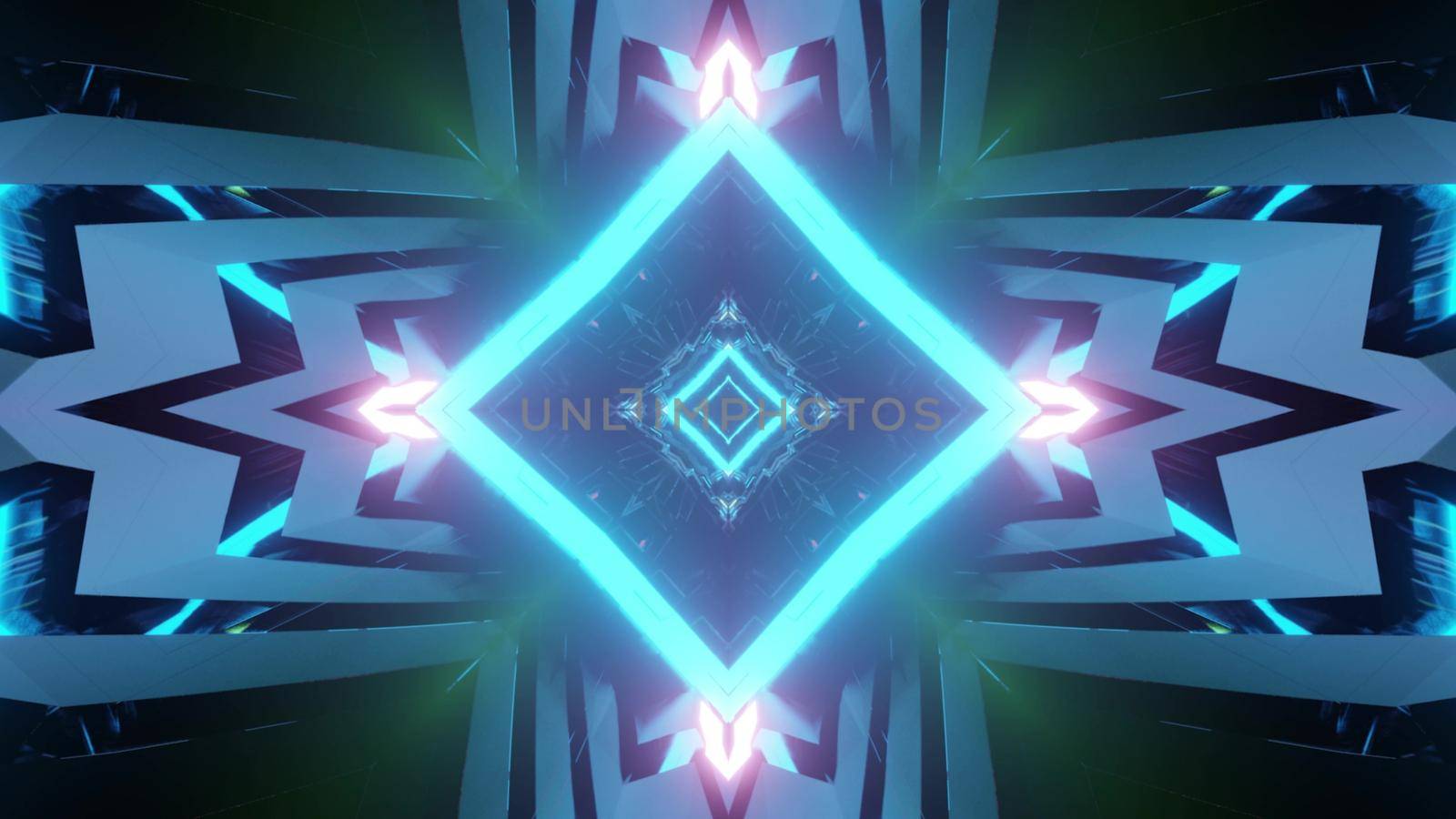 Blue neon glowing rhombus shaped tunnel as 3d illustration with bright symmetric pattern on background