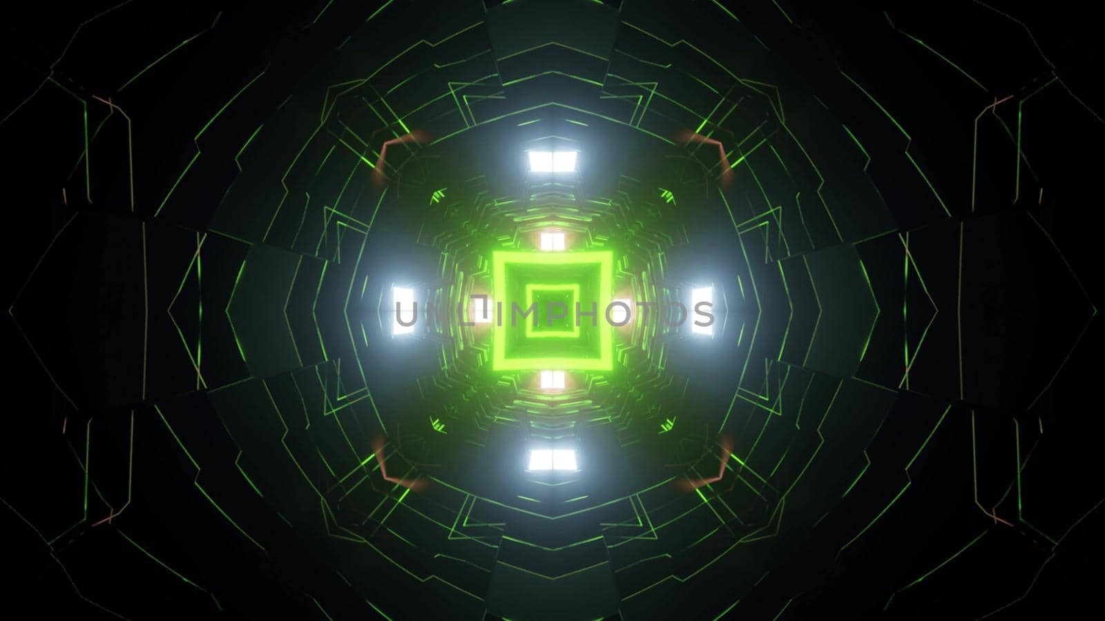 Vibrant 3d illustration of futuristic tunnel with square shaped corridor in neon green light