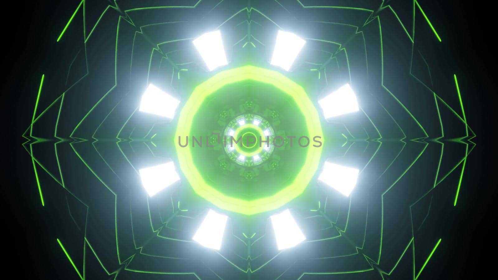 Bright shiny spotlights and thin green neon lines creating circular ornament of futuristic tunnel with geometric structure as abstract sci fi background in 3d illustration