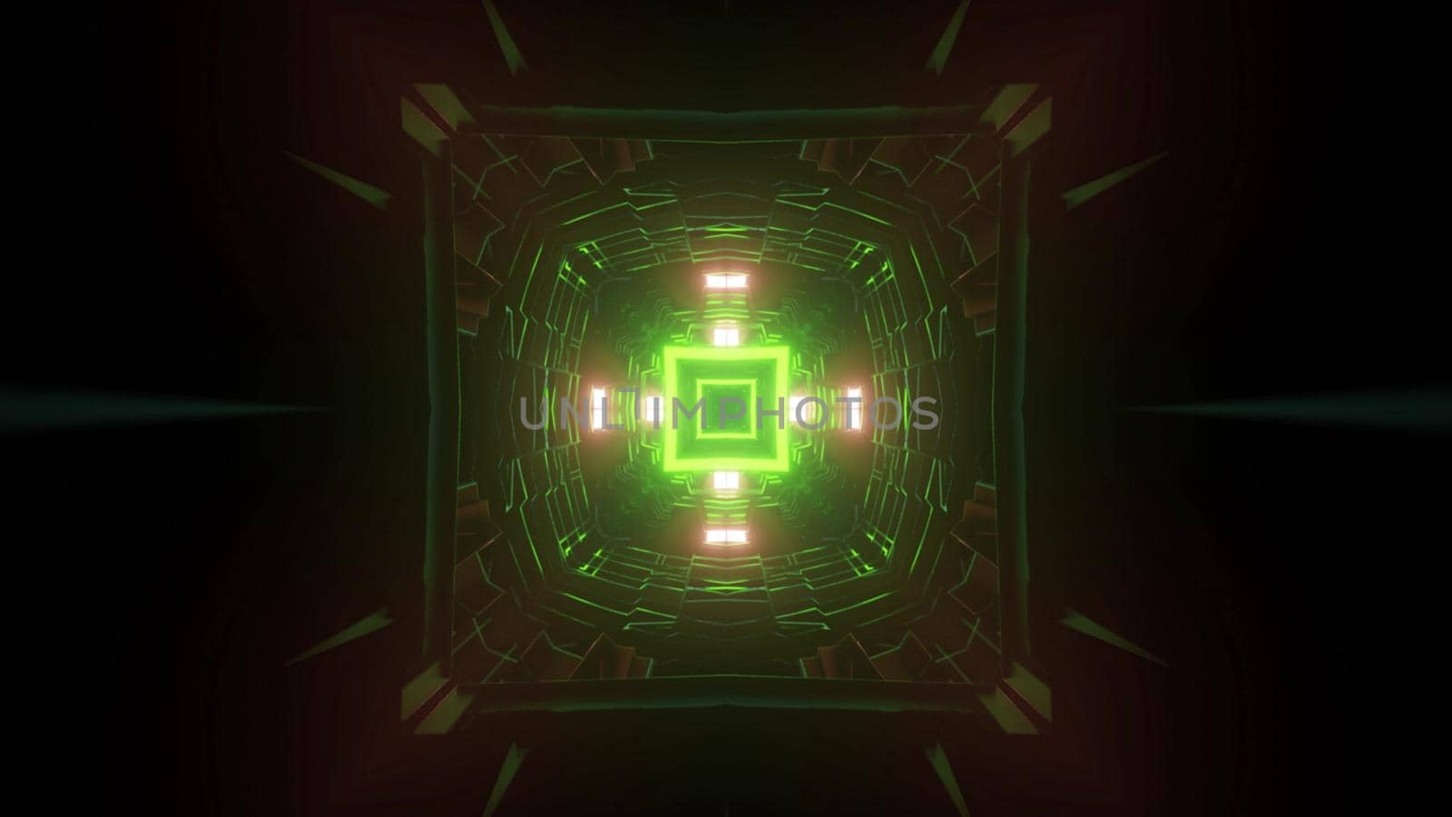Abstract symmetric tunnel 3d illustration with green neon square shaped pattern as background