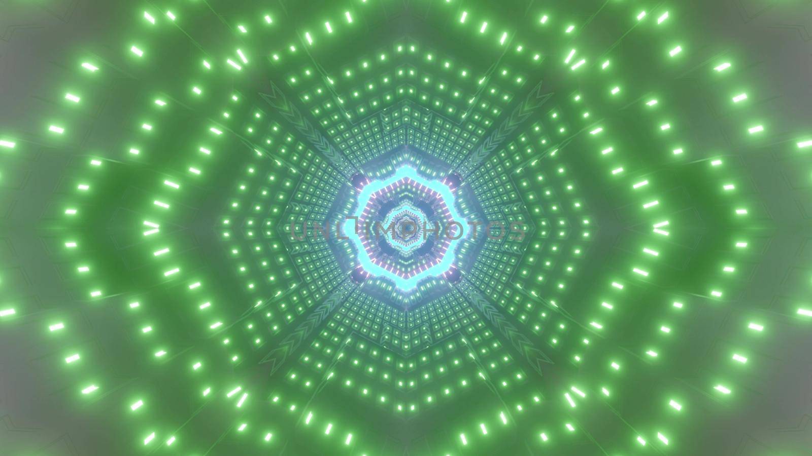 Neon green glowing lights of futuristic abstract corridor with blue element 3d illustration