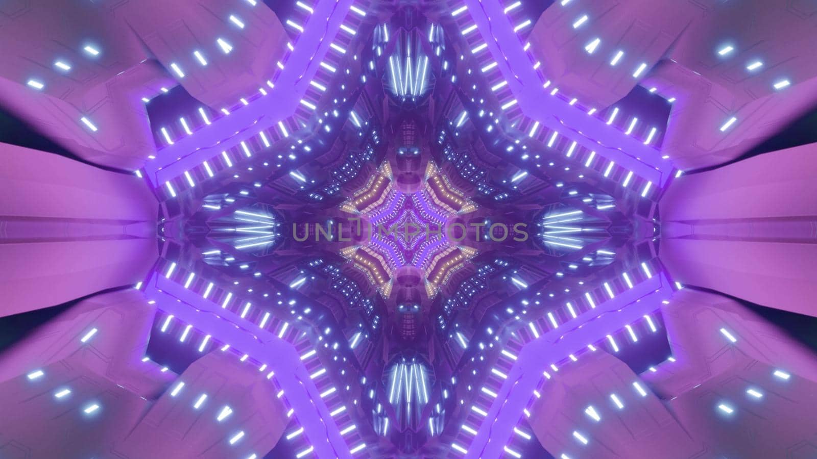 Futuristic 3d illustration of geometric abstract pattern shaped tunnel with bright neon pink and purple lights