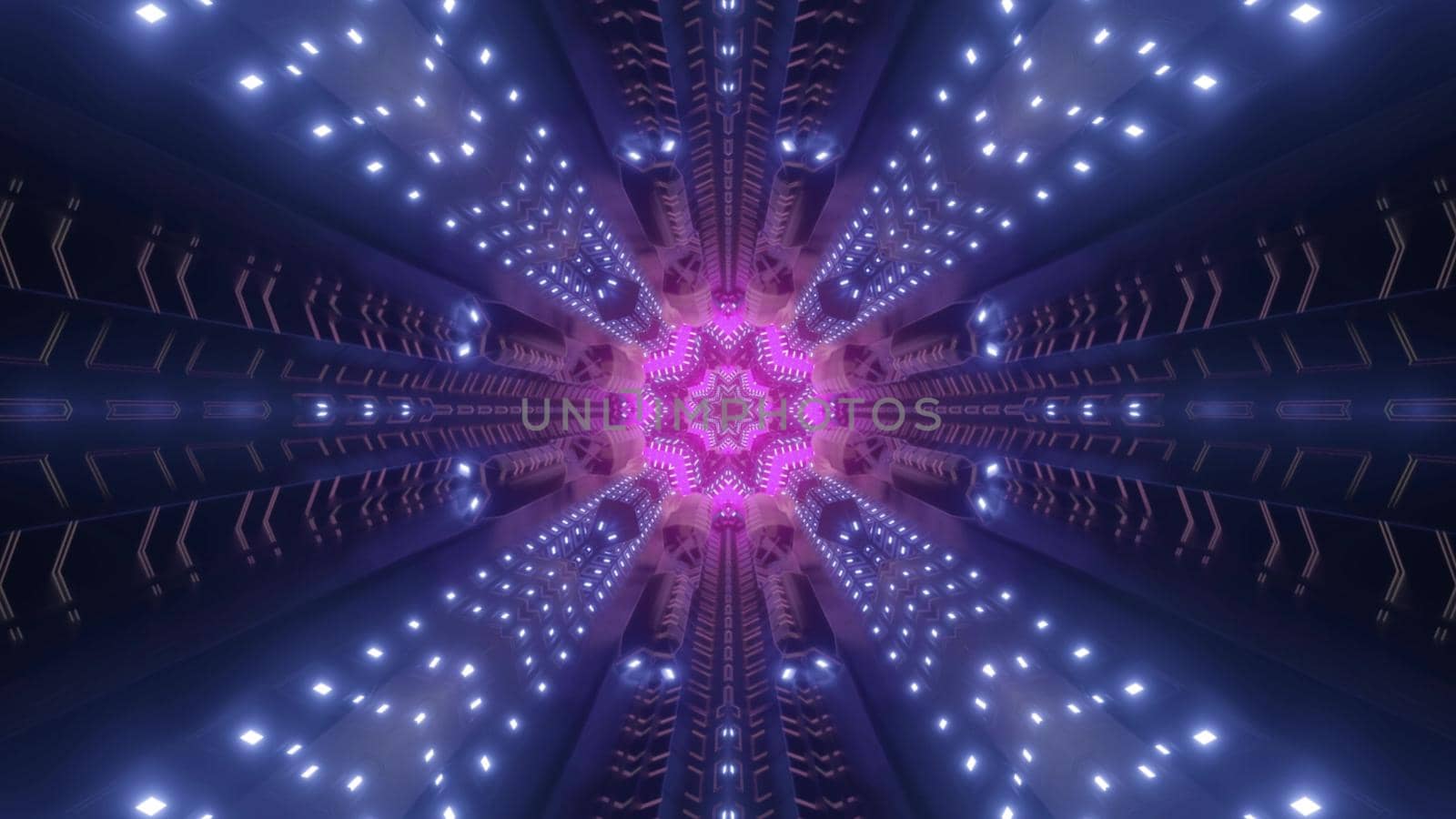 Cosmic corridor with neon rays of light and pink colored figure as futuristic 3d illustration