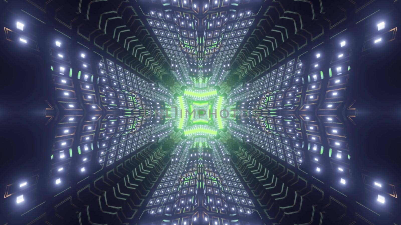Futuristic cosmic tunnel with green neon geometric element and glowing walls in 3d illustration