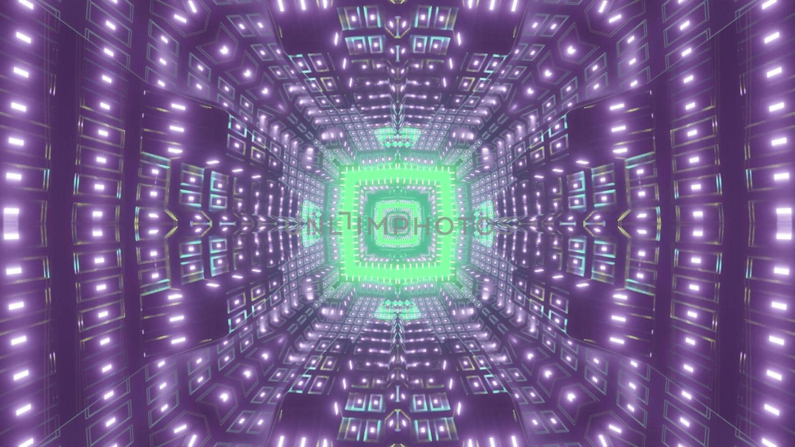 Futuristic abstract corridor with purple and green neon illumination and geometric patterns 3d illustration