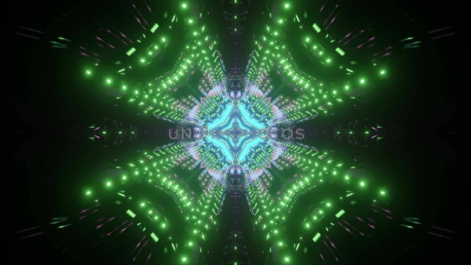 Neon futuristic tunnel with symmetric pattern in green and blue color as 3d illustration