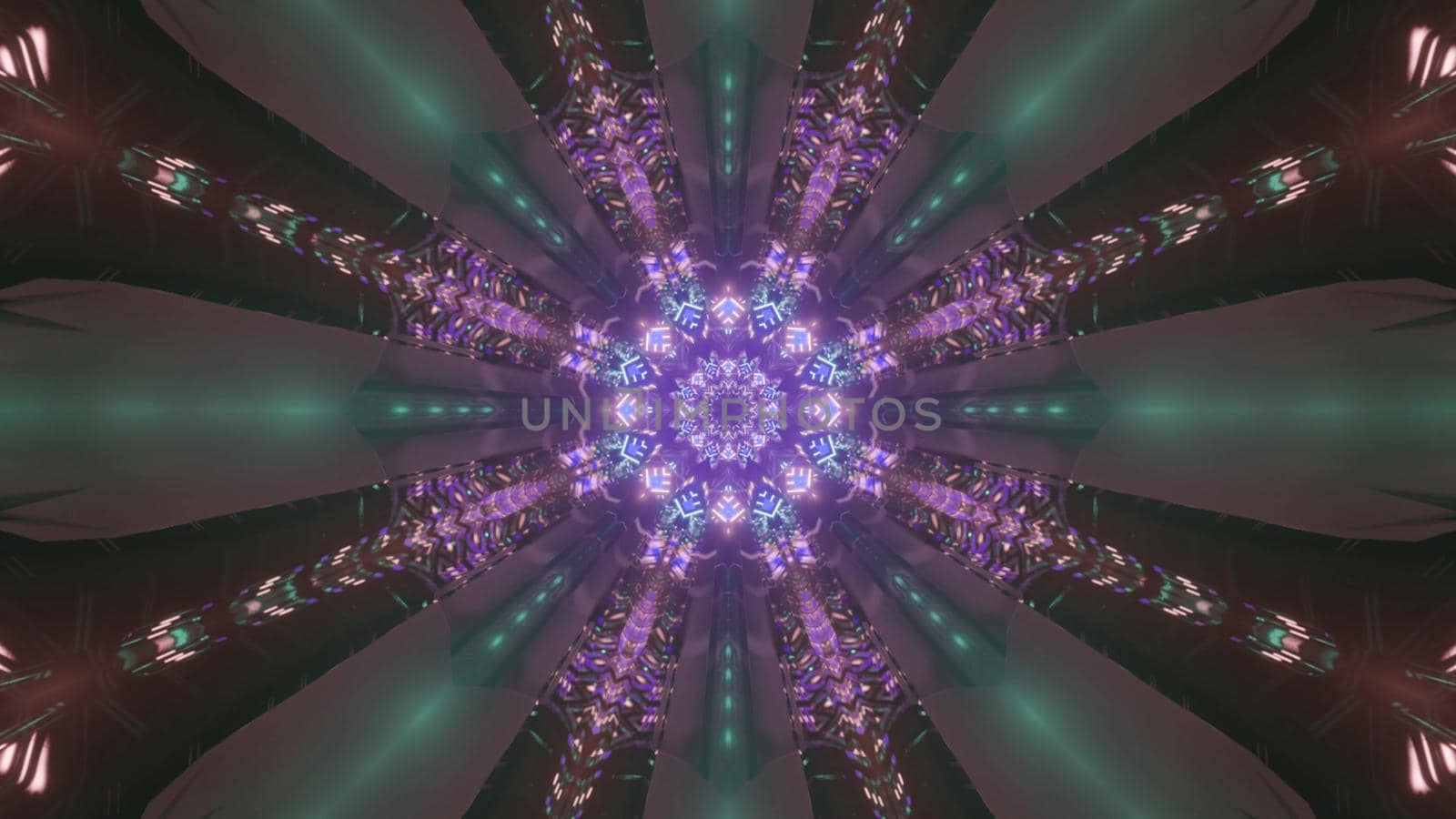 Kaleidoscopic tunnel with glowing neon purple pattern in rays as abstract 3d illustration