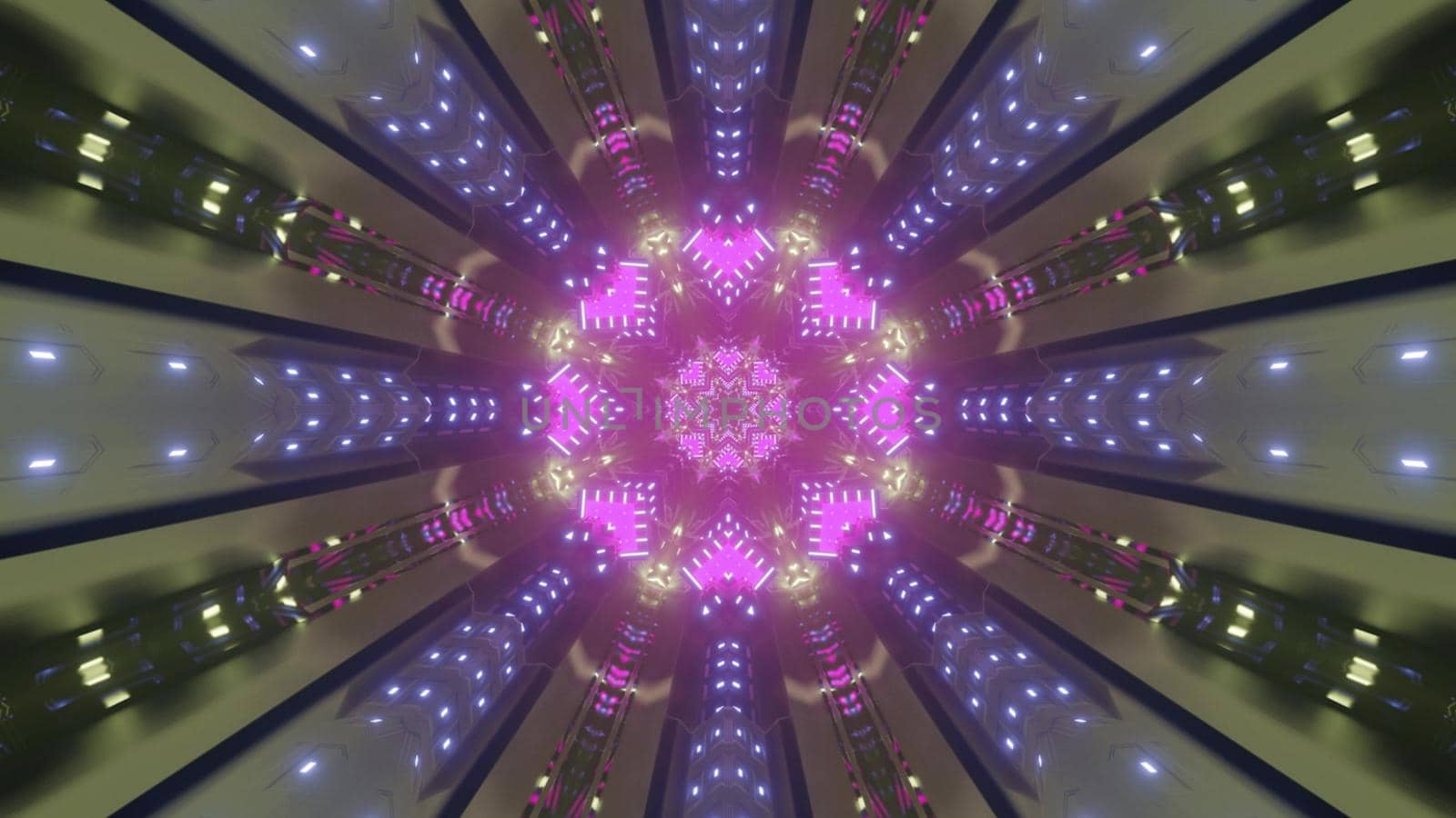 Futuristic 3d illustration of abstract background with purple neon illuminated pattern with rays