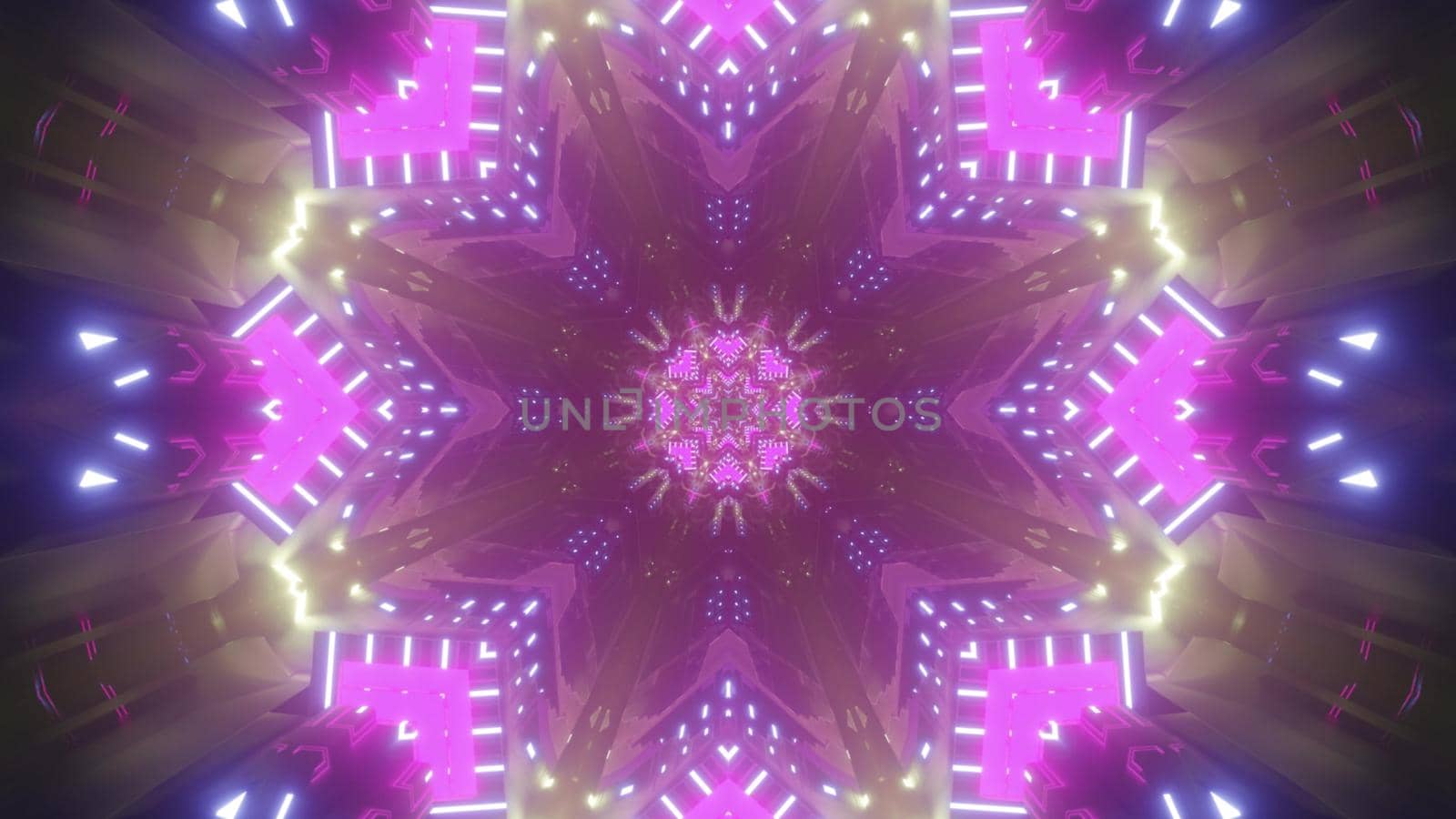 Kaleidoscopic abstract background with pink and blue neon illuminated geometric pattern as 3d illustration