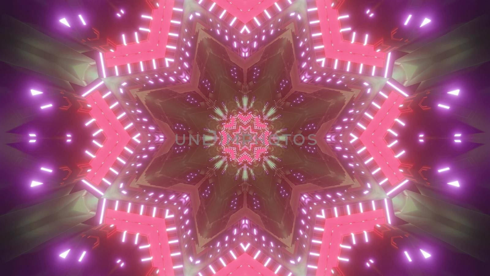 Vibrant floral shaped pattern of sci fi abstract background with neon pink and purple lights as 3d illustration